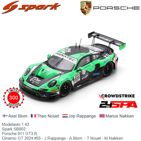Modelauto 1:43 | Spark SB802 | Porsche 911 GT3 R | Dinamic GT 2024 #55 - J.Rappange - A.Blom  - T.Nouet - M.Nakken