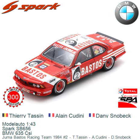 Modelauto 1:43 | Spark SB656 | BMW 635 Csi | Juma Bastos Racing Team 1984 #2 - T.Tassin - A.Cudini - D.Snobeck