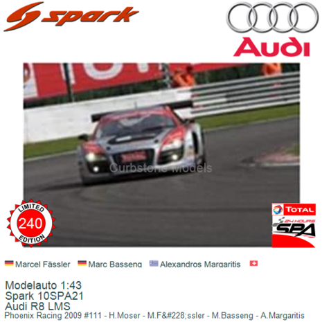 Modelauto 1:43 | Spark 10SPA21 | Audi R8 LMS | Phoenix Racing 2009 #111 - H.Moser - M.F&#228;ssler - M.Basseng - A.Margarit