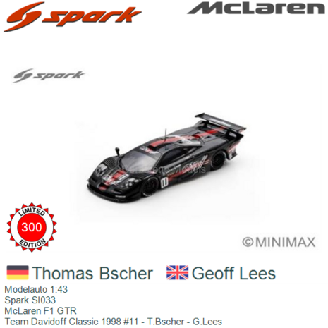 Modelauto 1:43 | Spark SI033 | McLaren F1 GTR | Team Davidoff Classic 1998 #11 - T.Bscher - G.Lees