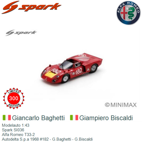 Modelauto 1:43 | Spark SI036 | Alfa Romeo T33-2 | Autodelta S.p.a 1968 #182 - G.Baghetti - G.Biscaldi