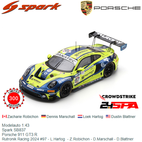 Modelauto 1:43 | Spark SB837 | Porsche 911 GT3 R | Rutronik Racing 2024 #97 - L.Hartog  - Z.Robichon - D.Marschall - D.Blattner