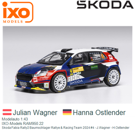 Modelauto 1:43 | IXO-Models RAM950.22 | Skoda Fabia Rally2 Baumschlager Rallye & Racing Team 2024 #4 - J.Wagner - H.Ostlend
