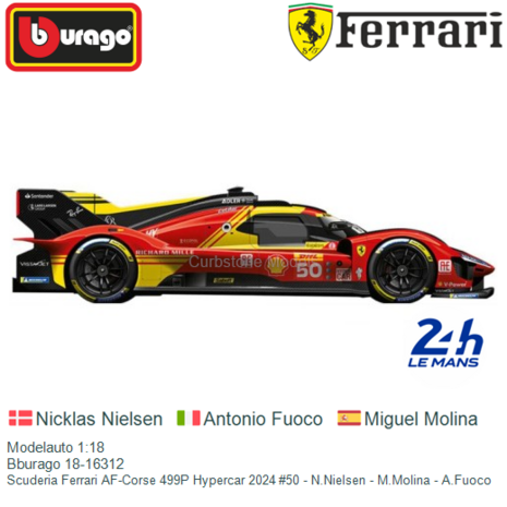 Modelauto 1:18 | Bburago 18-16312 | Scuderia Ferrari AF-Corse 499P Hypercar 2024 #50 - N.Nielsen - M.Molina - A.Fuoco