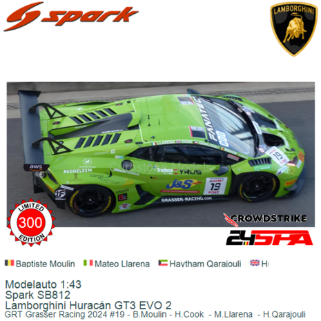 Modelauto 1:43 | Spark SB812 | Lamborghini Huracán GT3 EVO 2 | GRT Grasser Racing 2024 #19 - B.Moulin - H.Cook  - M.Llaren