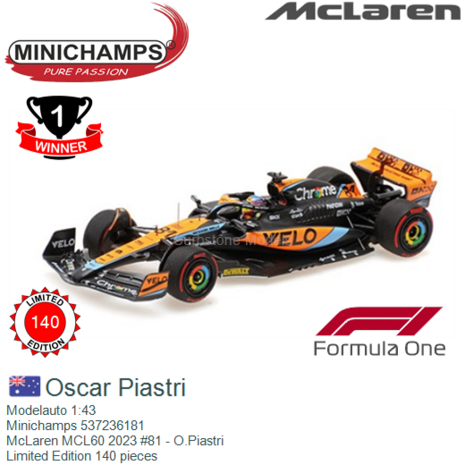 Modelauto 1:43 | Minichamps 537236181 | McLaren MCL60 2023 #81 - O.Piastri