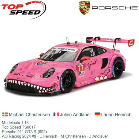 Modelauto 1:18 | Top Speed TS0617 | Porsche 911 GT3 R (992) | AO Racing 2024 #9 - L.Heinrich - M.Christensen - J.Andlauer