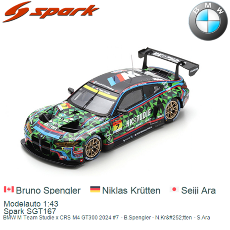 Modelauto 1:43 | Spark SGT167 | BMW M Team Studie x CRS M4 GT300 2024 #7 - B.Spengler - N.Kr&#252;tten - S.Ara
