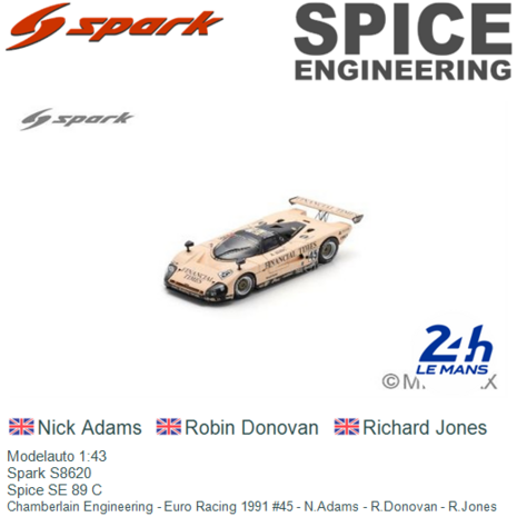 Modelauto 1:43 | Spark S8620 | Spice SE 89 C | Chamberlain Engineering - Euro Racing 1991 #45 - N.Adams - R.Donovan - R.Jones