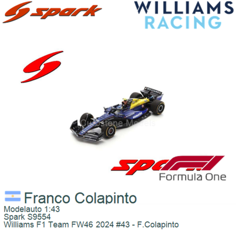 Modelauto 1:43 | Spark S9554 | Williams F1 Team FW46 2024 #43 - F.Colapinto