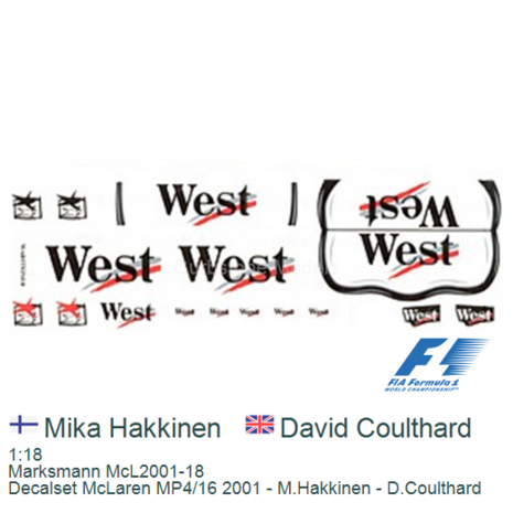 1:18 | Marksmann McL2001-18 | Decalset McLaren MP4/16 2001 - M.Hakkinen - D.Coulthard