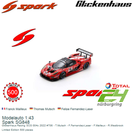 Modelauto 1:43 | Spark SG848 | Glickenhaus Racing SCG 004c 2022 #706 - T.Mutsch - F.Fernandez-Laser - F.Mailleux - R.Westbrook