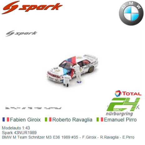 Modelauto 1:43 | Spark 43NUR1989 | BMW M Team Schnitzer M3 E36 1989 #35 - F.Giroix - R.Ravaglia - E.Pirro