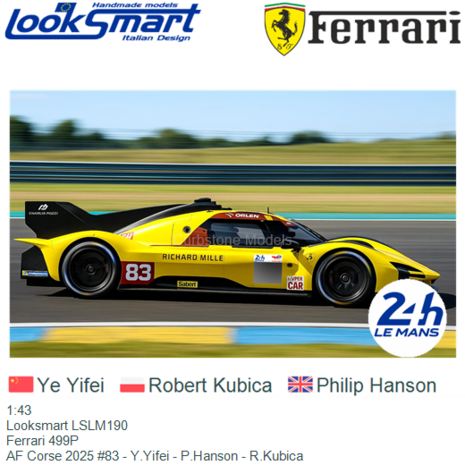 1:43 | Looksmart LSLM190 | Ferrari 499P | AF Corse 2025 #83 - Y.Yifei - P.Hanson - R.Kubica