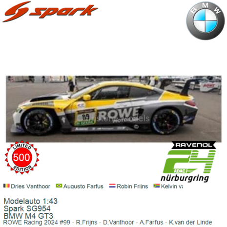 Modelauto 1:43 | Spark SG954 | BMW M4 GT3 | ROWE Racing 2024 #99 - R.Frijns - D.Vanthoor - A.Farfus - K.van der Linde