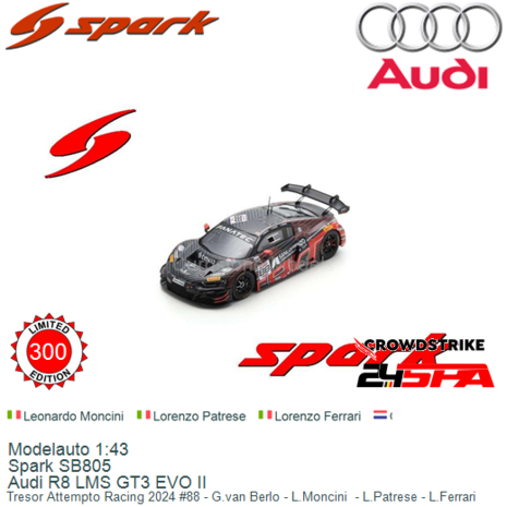 Modelauto 1:43 | Spark SB805 | Audi R8 LMS GT3 EVO II | Tresor Attempto Racing 2024 #88 - G.van Berlo - L.Moncini  - L.Patrese 