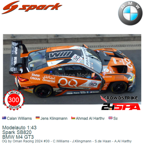 Modelauto 1:43 | Spark SB820 | BMW M4 GT3 | OQ by Oman Racing 2024 #30 - C.Williams - J.Klingmann - S.de Haan - A.Al Harthy
