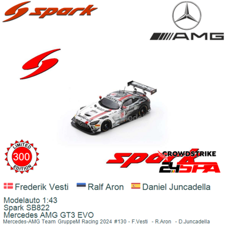 Modelauto 1:43 | Spark SB822 | Mercedes AMG GT3 EVO | Mercedes-AMG Team GruppeM Racing 2024 #130 - F.Vesti  - R.Aron  - D.Junca