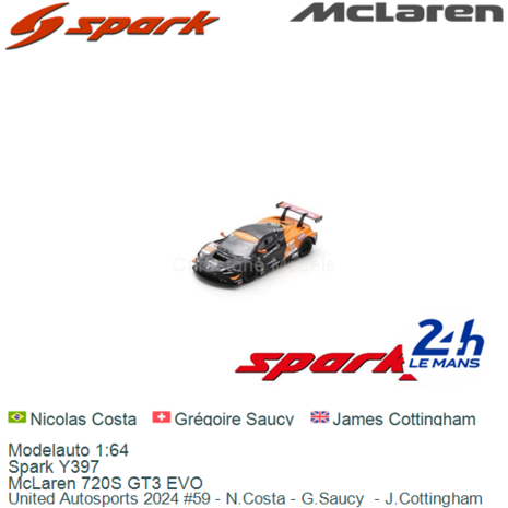 Modelauto 1:64 | Spark Y397 | McLaren 720S GT3 EVO | United Autosports 2024 #59 - N.Costa - G.Saucy  - J.Cottingham