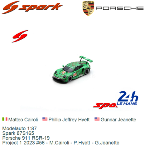 Modelauto 1:87 | Spark 87S165 | Porsche 911 RSR-19 | Project 1 2023 #56 - M.Cairoli - P.Hyett - G.Jeanette
