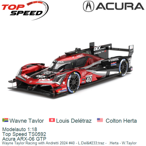 Modelauto 1:18 | Top Speed TS0592 | Acura ARX-06 GTP | Wayne Taylor Racing with Andretti 2024 #40 - L.Del&#233;traz -  .Her