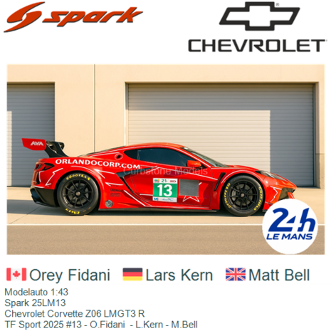 Modelauto 1:43 | Spark 25LM13 | Chevrolet Corvette Z06 LMGT3 R | TF Sport 2025 #13 - O.Fidani  - L.Kern - M.Bell