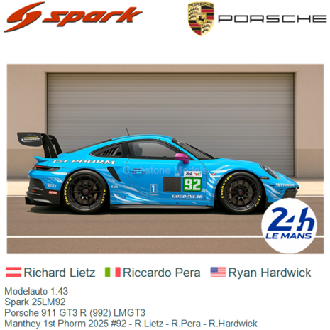 Modelauto 1:43 | Spark 25LM92 | Porsche 911 GT3 R (992) LMGT3 | Manthey 1st Phorm 2025 #92 - R.Lietz - R.Pera - R.Hardwick