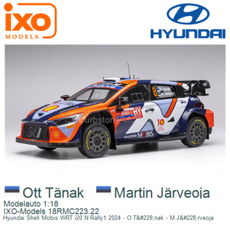 Modelauto 1:18 | IXO-Models 18RMC223.22 | Hyundai Shell Mobis WRT i20 N Rally1 2024 - O.T&#228;nak - M.J&#228;rveoja