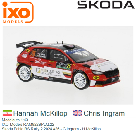 Modelauto 1:43 | IXO-Models RAM922SPLQ.22 | Skoda Fabia RS Rally 2 2024 #26 - C.Ingram - H.McKillop