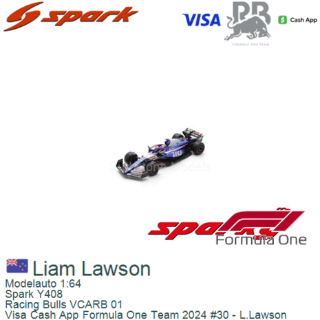 Modelauto 1:64 | Spark Y408 | Racing Bulls VCARB 01 | Visa Cash App Formula One Team 2024 #30 - L.Lawson