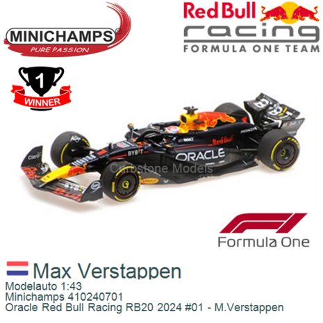 Modelauto 1:43 | Minichamps 410240701 | Oracle Red Bull Racing RB20 2024 #01 - M.Verstappen