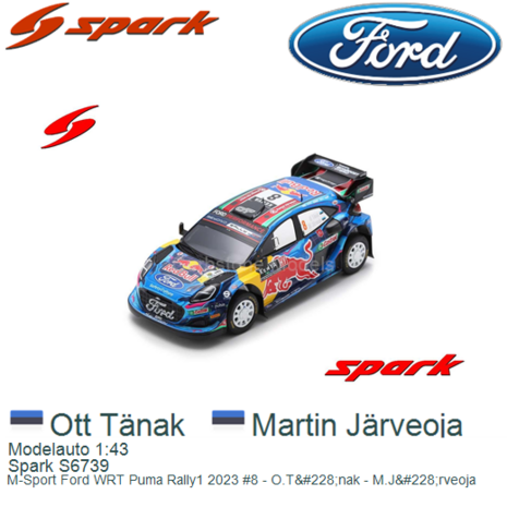 Modelauto 1:43 | Spark S6739 | M-Sport Ford WRT Puma Rally1 2023 #8 - O.T&#228;nak - M.J&#228;rveoja