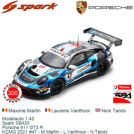 Modelauto 1:43 | Spark SB433 | Porsche 911 GT3 R | KCMG 2021 #47 - M.Martin - L.Vanthoor - N.Tandy