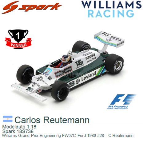 Modelauto 1:18 | Spark 18S736 | Williams Grand Prix Engineering FW07C Ford 1980 #28 - C.Reutemann