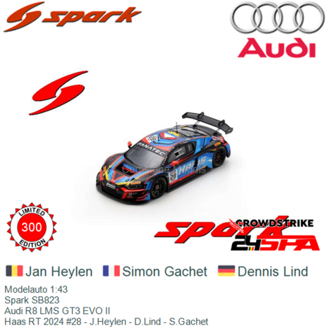 Modelauto 1:43 | Spark SB823 | Audi R8 LMS GT3 EVO II | Haas RT 2024 #28 - J.Heylen - D.Lind - S.Gachet