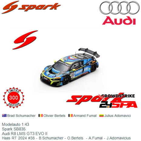 Modelauto 1:43 | Spark SB835 | Audi R8 LMS GT3 EVO II | Haas RT 2024 #38 - B.Schumacher - O.Bertels  - A.Fumal - J.Adomavicius