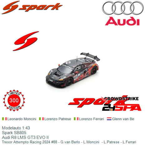 Modelauto 1:43 | Spark SB805 | Audi R8 LMS GT3 EVO II | Tresor Attempto Racing 2024 #88 - G.van Berlo - L.Moncini  - L.Patrese 