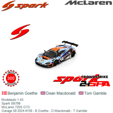 Modelauto 1:43 | Spark SB788 | McLaren 720S GT3 | Garage 59 2024 #159 - B.Goethe - D.Macdonald - T.Gamble