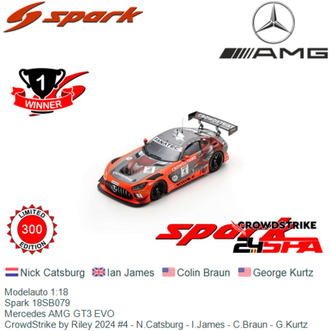Modelauto 1:18 | Spark 18SB079 | Mercedes AMG GT3 EVO | CrowdStrike by Riley 2024 #4 - N.Catsburg - I.James - C.Braun - G.Kurtz