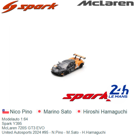 Modelauto 1:64 | Spark Y395 | McLaren 720S GT3 EVO | United Autosports 2024 #95 - N.Pino - M.Sato - H.Hamaguchi