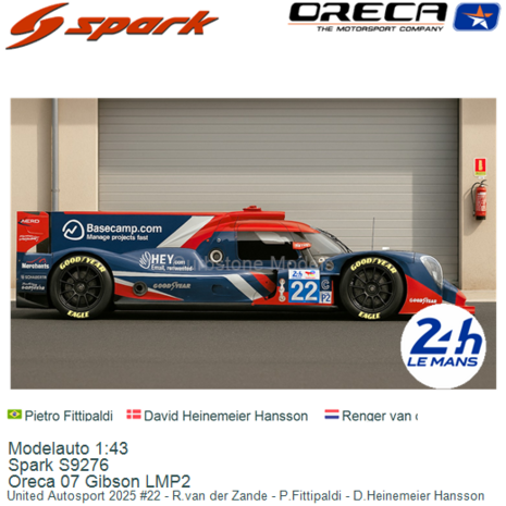 Modelauto 1:43 | Spark S9276 | Oreca 07 Gibson LMP2 | United Autosport 2025 #22 - R.van der Zande - P.Fittipaldi - D.Heinemeier