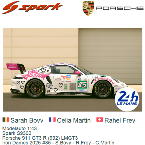 Modelauto 1:43 | Spark S9302 | Porsche 911 GT3 R (992) LMGT3 | Iron Dames 2025 #85 - S.Bovy - R.Frey - C.Martin
