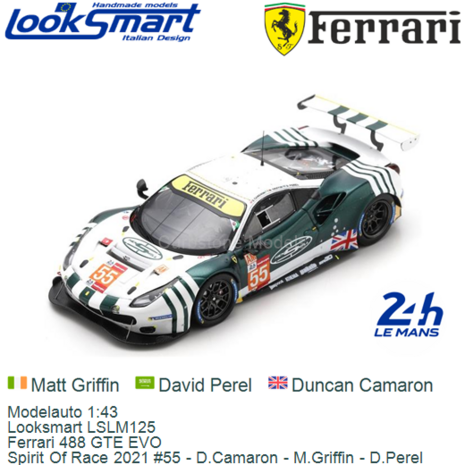 Modelauto 1:43 | Looksmart LSLM125 | Ferrari 488 GTE EVO | Spirit Of Race 2021 #55 - D.Camaron - M.Griffin - D.Perel