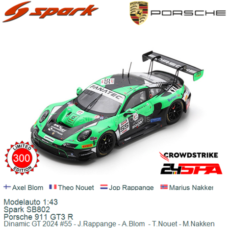 Modelauto 1:43 | Spark SB802 | Porsche 911 GT3 R | Dinamic GT 2024 #55 - J.Rappange - A.Blom  - T.Nouet - M.Nakken