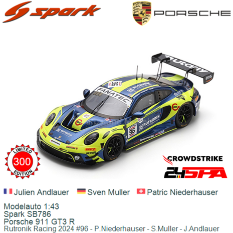 Modelauto 1:43 | Spark SB786 | Porsche 911 GT3 R | Rutronik Racing 2024 #96 - P.Niederhauser - S.Muller - J.Andlauer