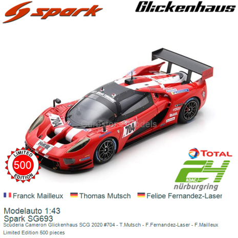 Modelauto 1:43 | Spark SG693 | Scuderia Cameron Glickenhaus SCG 2020 #704 - T.Mutsch - F.Fernandez-Laser - F.Mailleux