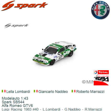 Modelauto 1:43 | Spark SB544 | Alfa Romeo GTV6 | Luigi Racing 1983 #40 - L.Lombardi - G.Naddeo - R.Marrazzi 