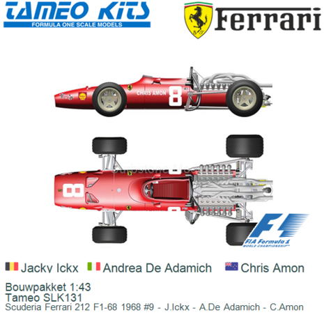 Bouwpakket 1:43 | Tameo SLK131 | Scuderia Ferrari 212 F1-68 1968 #9 - J.Ickx - A.De Adamich - C.Amon