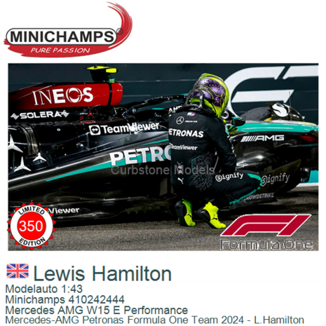 Modelauto 1:43 | Minichamps 410242444 | Mercedes AMG W15 E Performance | Mercedes-AMG Petronas Formula One Team 2024 - L.Hamilt