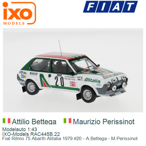 Modelauto 1:43 | IXO-Models RAC445B.22 | Fiat Ritmo 75 Abarth Alitalia 1979 #20 - A.Bettega - M.Perissinot